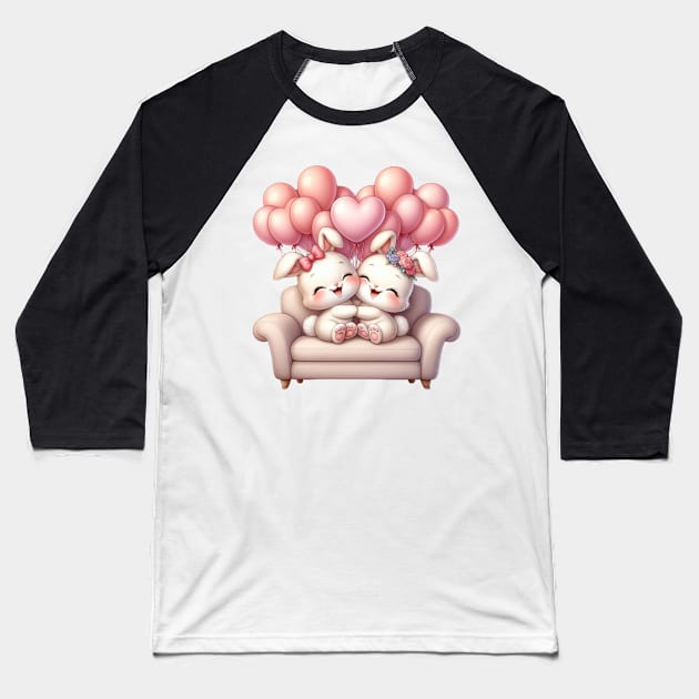 Valentine Rabbit Couple Sitting Sofa Baseball T-Shirt by Chromatic Fusion Studio